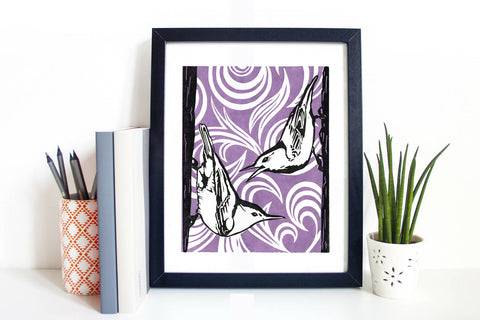 Nuthatches Linocut Print