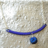 Cobalt Blue Enamel Sparkle Arc Necklace with Druzy Bead Charm and 18 Inch Sterling Chain, Reversible Minimalist Pop of Color Enamel Necklace