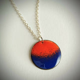 Orange and Blue Glass Enamel Pendant with 18 Inch Silver Chain