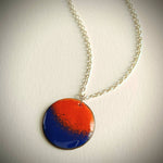 Orange and Blue Glass Enamel Pendant with 18 Inch Silver Chain