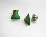 Handmade Tiny Triangle "Tree" Green Glass Enamel Stud Post Earrings
