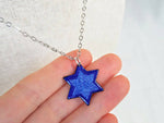Star of David Necklace, Speckled Blue Glass Enamel w/ Silver Chain