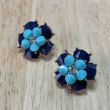 Flower Petal Blue Earrings, rhinestone center, 3/4 inch size, pierced