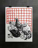 Jill's Chickens Linocut Print