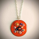 Orange Glass Enamel Pendant with Millefiori Design and 18 inch Silver Chain