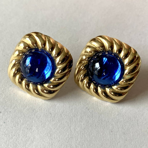 Blue Glass Inset Earrings, Post back, vintage
