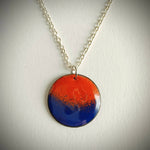 Orange and Blue Glass Enamel Pendant with 18 Inch Silver Chain