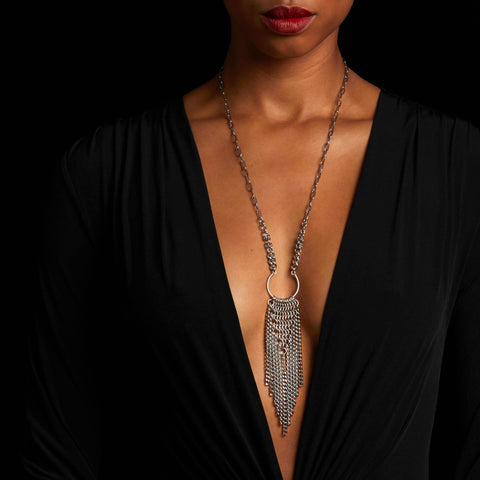 METAL Long Chainmaille Triangle with Fringe Necklace