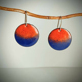 Orange and Blue Glass Enamel Circle Earrings with Silver Earwires