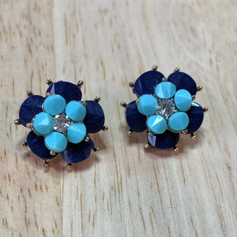 Flower Petal Blue Earrings, rhinestone center, 3/4 inch size, pierced