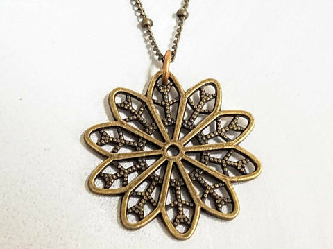Filigree Antique Brass Snowflake Necklace, 18 Inch Satellite Chain